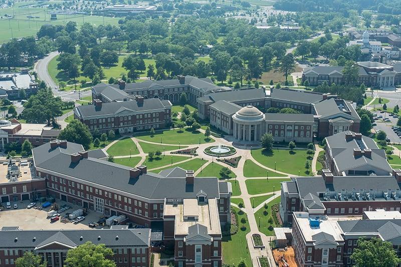 An aerial view of the engineering quad.